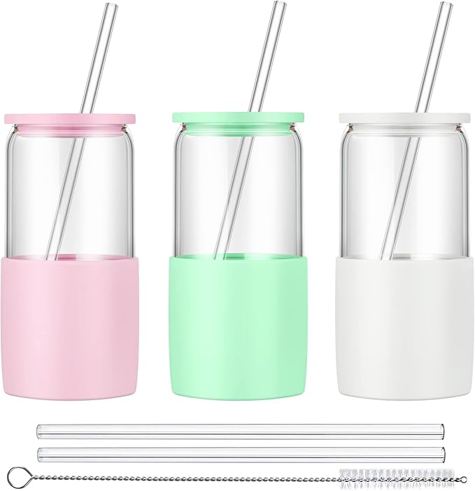 Sunseeke Glass Tumbler with Straw and Lid, 16oz Ice Coffee Cup, Silicone Sleeve Cleaning Brushes, Drinking Glasses for Water, Iced Coffee, Smoothie - BPA Free -3 Pack