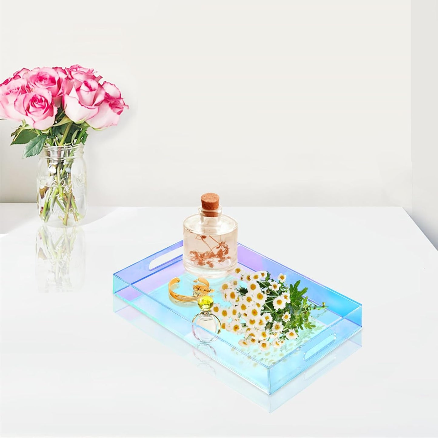 SetGame Acrylic Serving Tray with Handles, Bathroom Desktop Decorative Storage Arylic Trays, Simple Vanity Tray Food Tea Fruit Dinner Snack Tray for Bar Kitchen Party