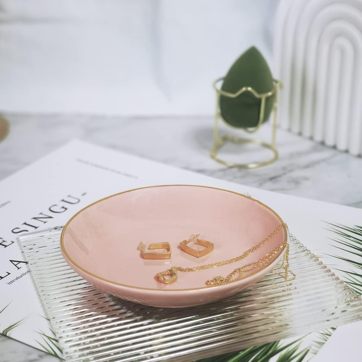 4.75" Ceramic Jewelry Tray, Small Ring Dish Holder Trinket Tray, Catch All Trays for Ring Earring Necklace Key, Christmas Gifts for Women Girls, Pink