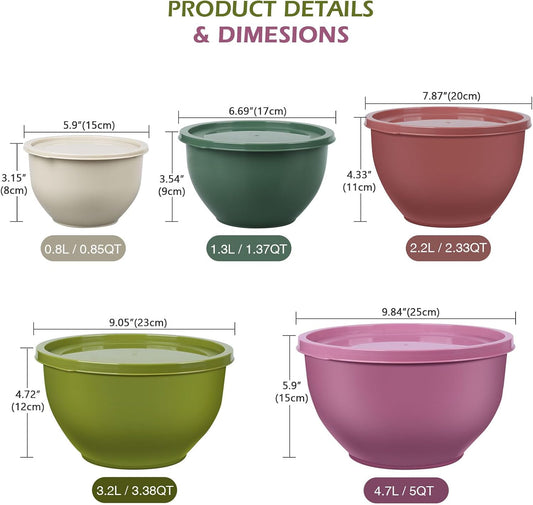 Plastic Mixing Bowls with Lids Set for Kitchen, Nesting Bowls for Mixing, Baking, Prepping, Cooking and Serving Food (5 Set-Purple)