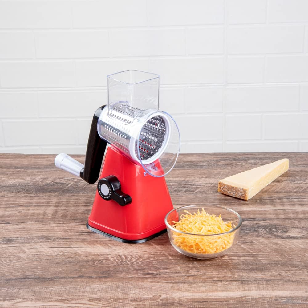 Restaurantware Met Lux 11 x 7 x 6 Inch Cheese Grater With Handle 1 Heavy-Duty Rotating Cheese Grater - Dishwashable Red Plastic Food Shredder Suction Feet For Vegetables Nuts & More