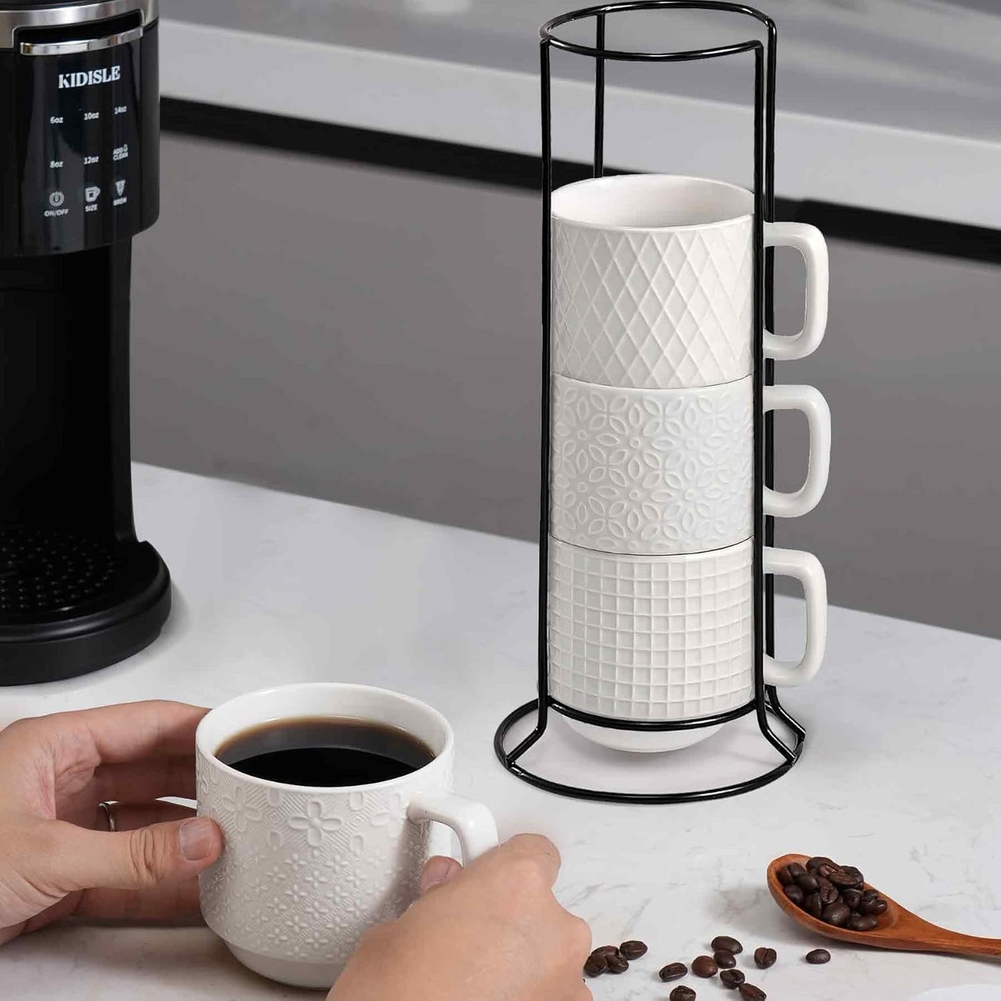 Stackable Coffee Mug Set of 4 with Stand, 10oz Ceramic Cups with Spoons – Ribbed Porcelain Mugs for Tea, Latte, Cappuccino – Microwave & Dishwasher Safe – Gift for Home & Office Use (White)