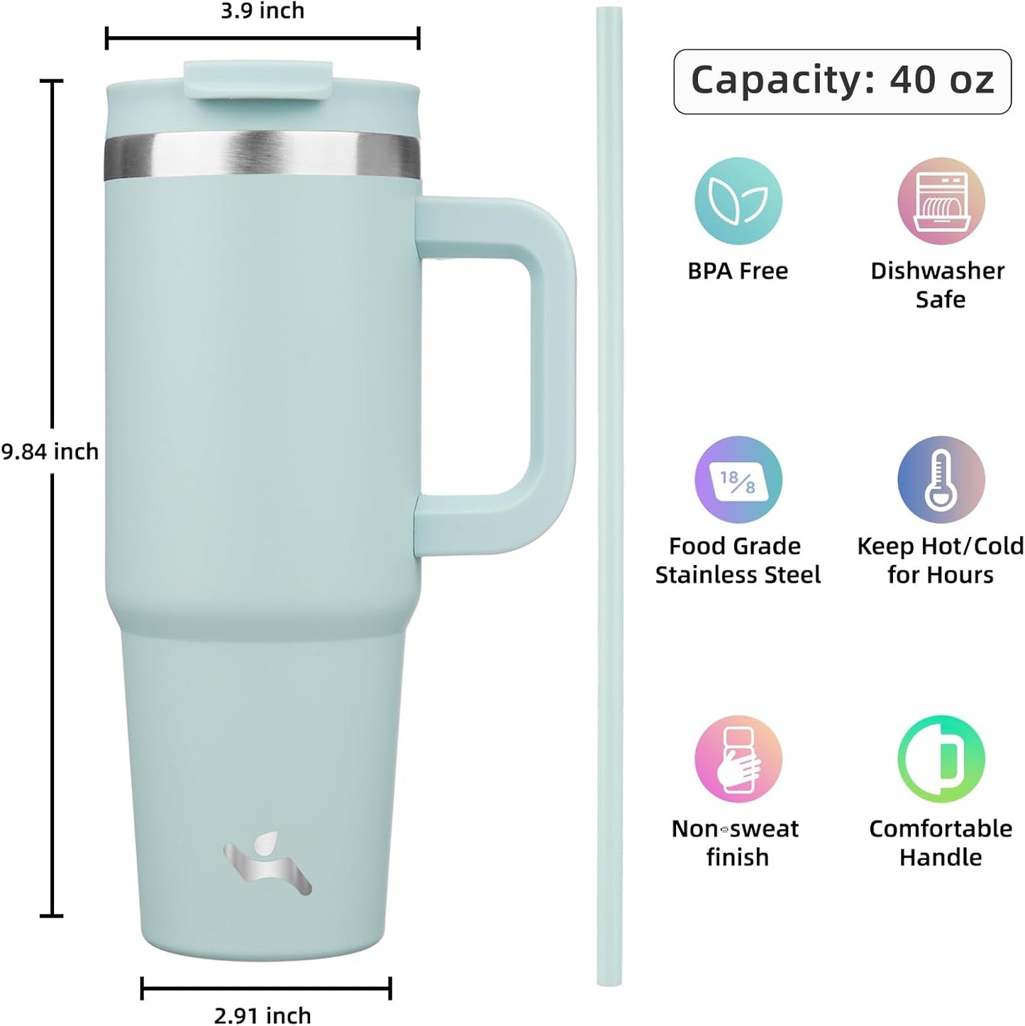 40 oz Tumbler with Handle and 2 Straws,2 in 1 Lid Insulated Water Bottle Stainless Steel Travel Coffee Mug,Blue Haze