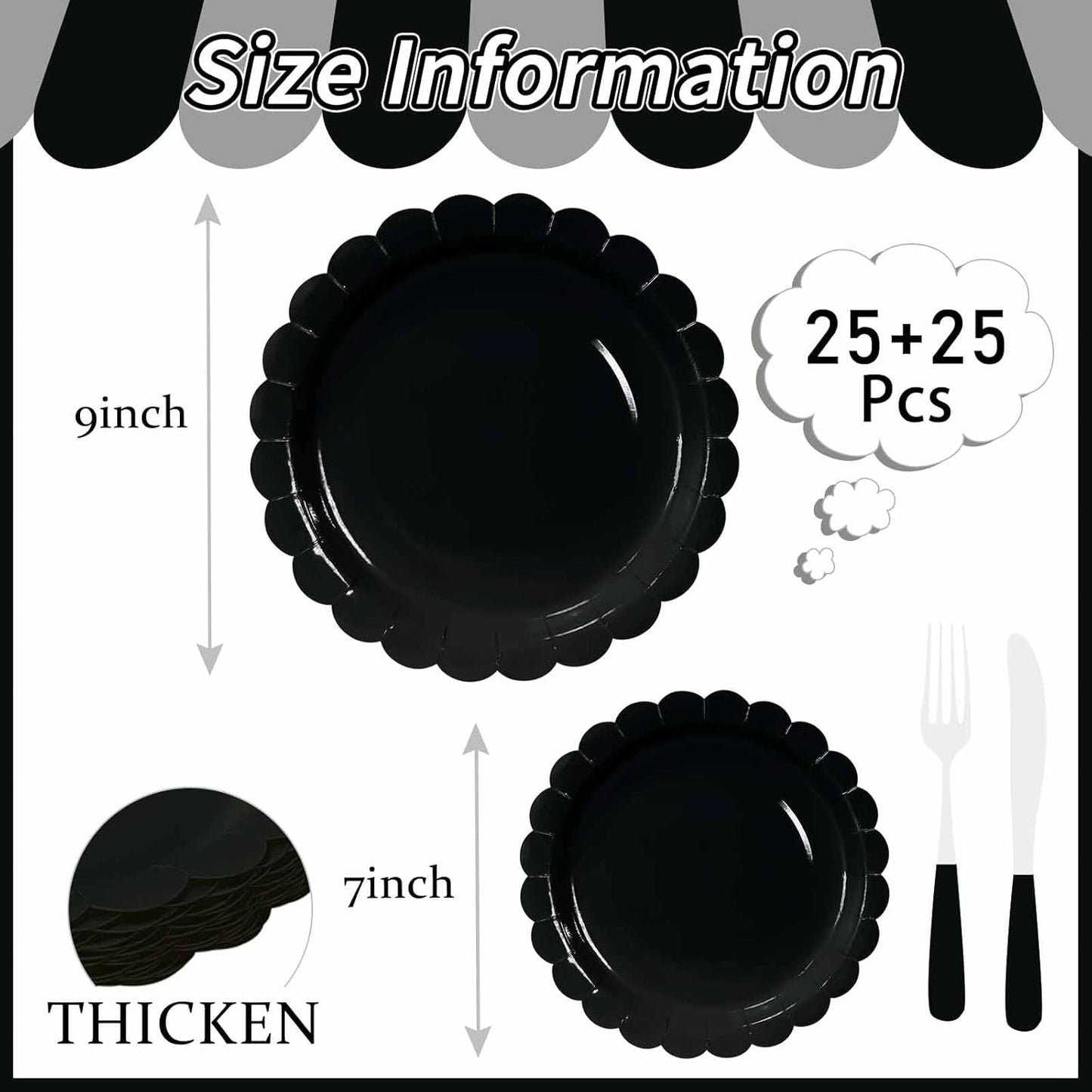 50 Pcs Black Scalloped Paper Plates 25 × 7'' and 25 × 9'' Disposable Black Scalloped Dinner Plates for Wedding Baby Shower Birthday Party Disposable Dessert Plate