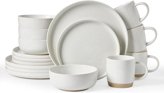 Famiware Milkyway Dinnerware Set with Mugs, Service for 4 (16pcs), Ribbed Stoneware Plates and Bowls Dishes Sets - Chip & Scratch Resistant, Microwave & Dishwasher Safe, White