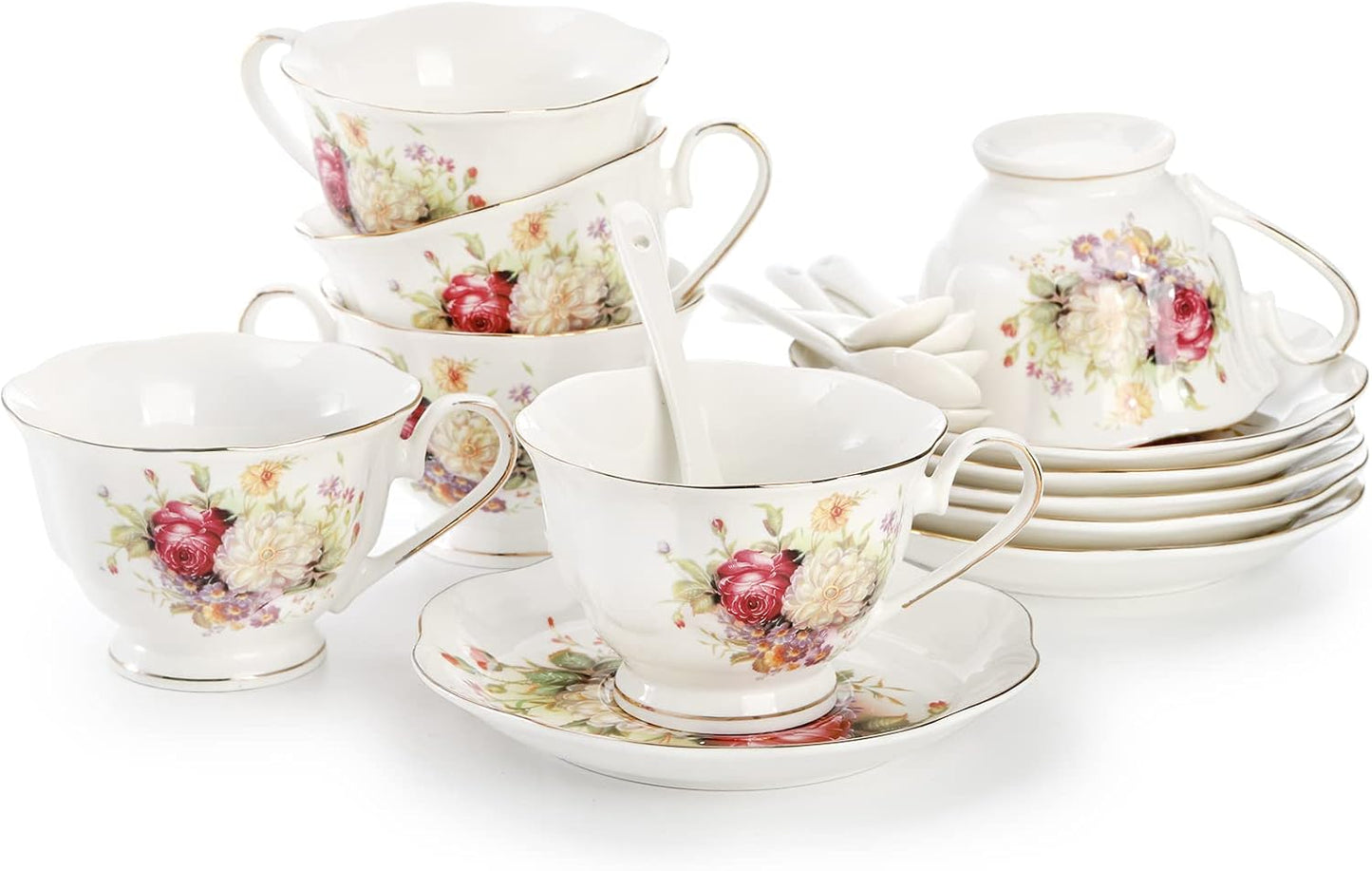Foraineam Floral Tea Cup with Saucers and Spoons Set of 6 - Coffee Cups and Saucers with Gold Trim - 6 oz Porcelain Ivory Latte Cup and Espresso Mug for Coffee Drinks and Tea