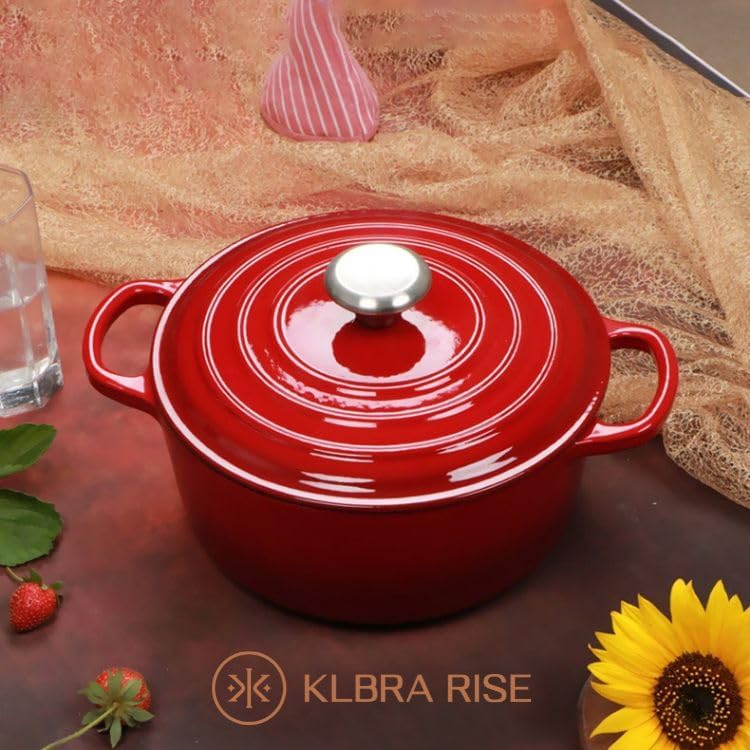 Cast Iron Dutch Oven Pot with Lid – Deep Cooking Pot for Bread, Stews, Casseroles – Oven Safe Cookware, Kitchen Essential & Wedding Gift – Compatible with All Heat Sources (Red)