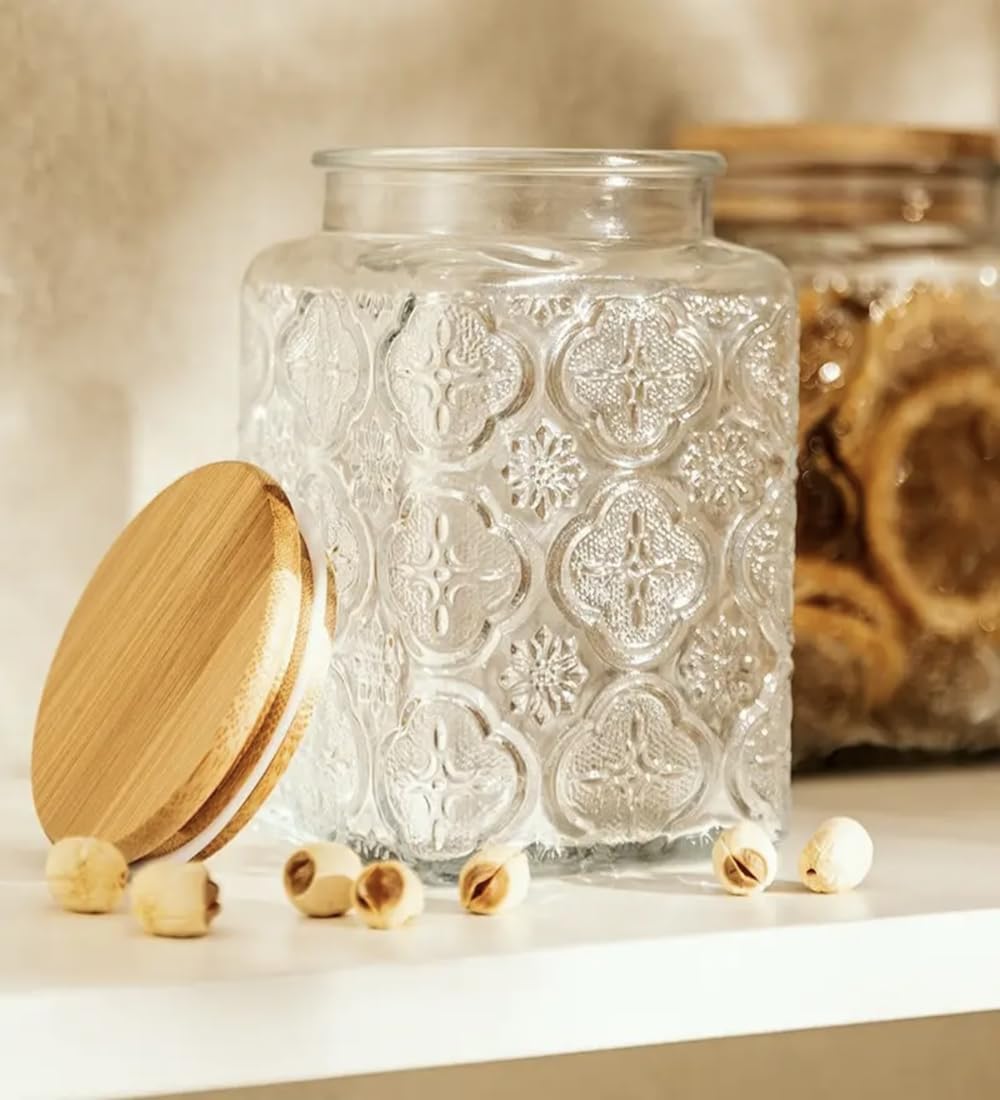 25.3oz Airtight Square Glass Jar, Vintage Decorative Storage Canister with Bamboo Lid, Glass Food Storage Container for Candy Snack Cookies Coffee Tea Nuts, Cute Jar (Square Begonia)