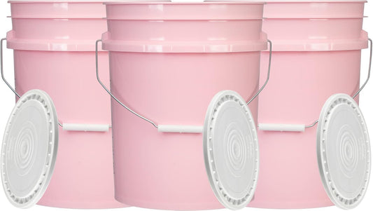 House Naturals 5 Gallon Pink Food Grade Plastic Storage Bucket with Lid Cover (Pack of 3) Made in USA (with White Easy Open Close Lids)