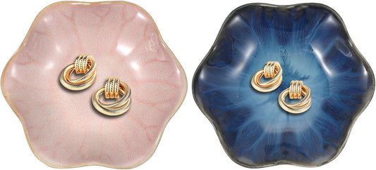 uxcell 2Pcs Ceramics Jewelry Plate, Lotus Leaf Shape Key Holder Bowl for Entryway Table Decor Small Ring Tray Dish Gift for Women Girlfriend, Pink/Blue