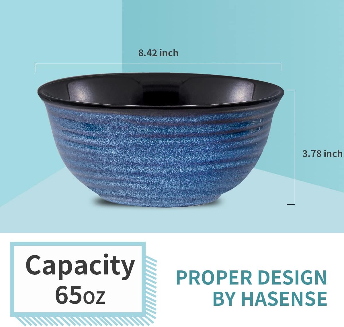 Hasense Serving Bowls, 60 Ounces Ceramic Salad Pasta Soup Bowls, 8.5 inch Large Bowls for Kitchen Ramen Pho Fruit Cereal Popcorn, Microwave and Dishwasher Safe, Set of 2, Blue