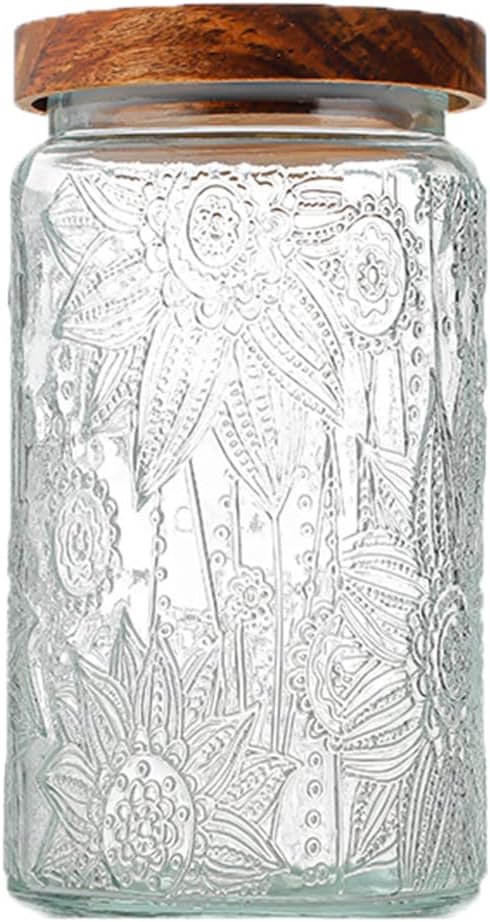 ANSQU Vintage Glass Storage Jar, 34oz Glass Canister Storage Jar Container with Airtight Wooden Lid for Kitchen Counter, Pantry, Coffee, Tea, Sugar, Cookie Jars (Round-Sunflower)