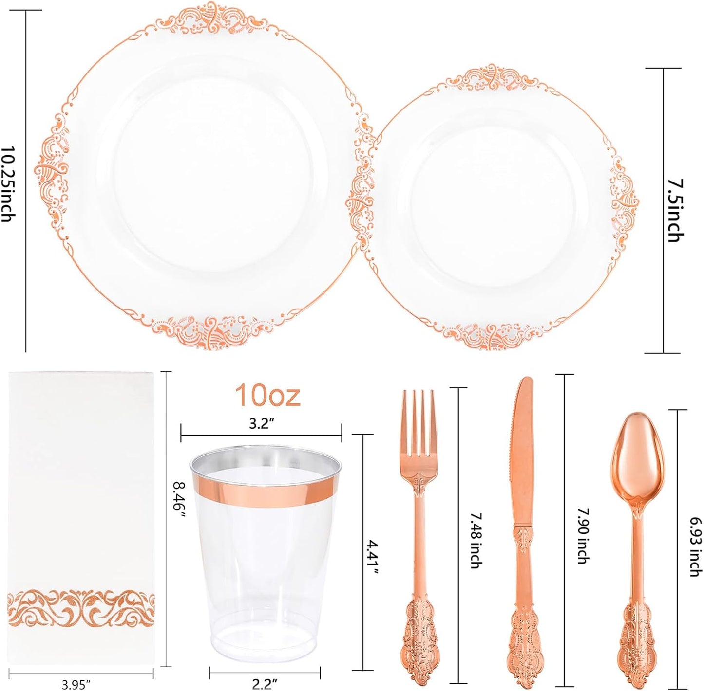 Morejoy 175PCS Rose Gold & Silver Plastic Dinnerware Set: 25 Plates, 25 Forks, 25 Knives, 25 Spoons, 25 Cups, 25 Napkins - Perfect for Wedding & Party
