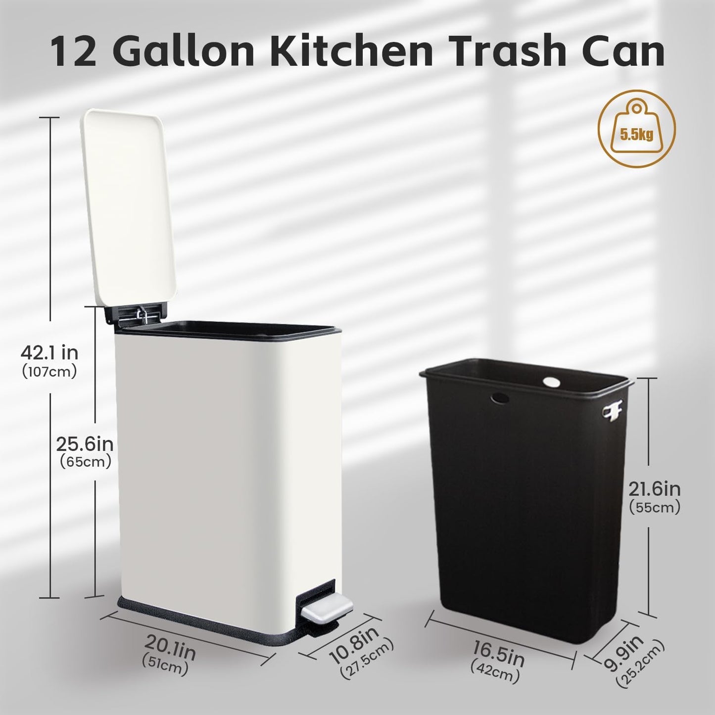12 Gallon Slim Stainless Steel Trash Can with Soft-Close Lid & Removable Inner Bucket, Fingerprint-Proof, Odor-Controlled Kitchen Bathroom & Office Waste Bin, White
