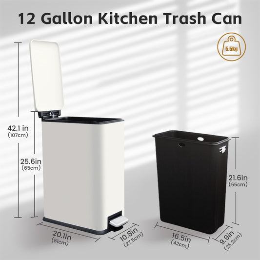 12 Gallon Slim Stainless Steel Trash Can with Soft-Close Lid & Removable Inner Bucket, Fingerprint-Proof, Odor-Controlled Kitchen Bathroom & Office Waste Bin, White