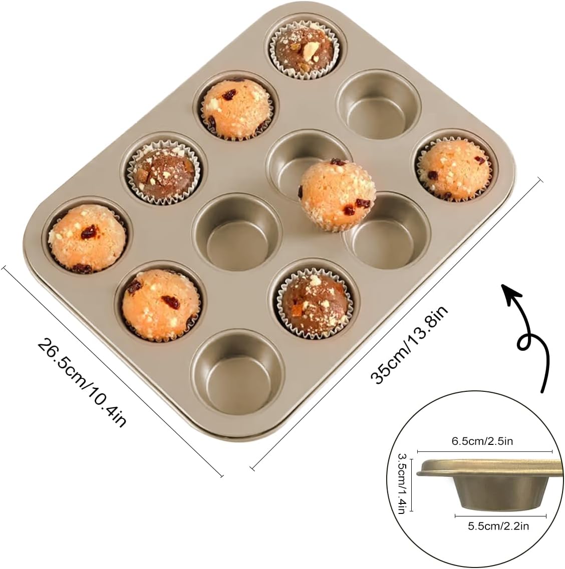 Muffin Pan, Cupcake Pan, Set of 2, 12-Cup Muffin Tin, Non-Stick Bakeware, Easy to Release and Clean, Baking Molds, Muffin Tray, Molds for Homemade Cupcakes & Muffins (Gold)