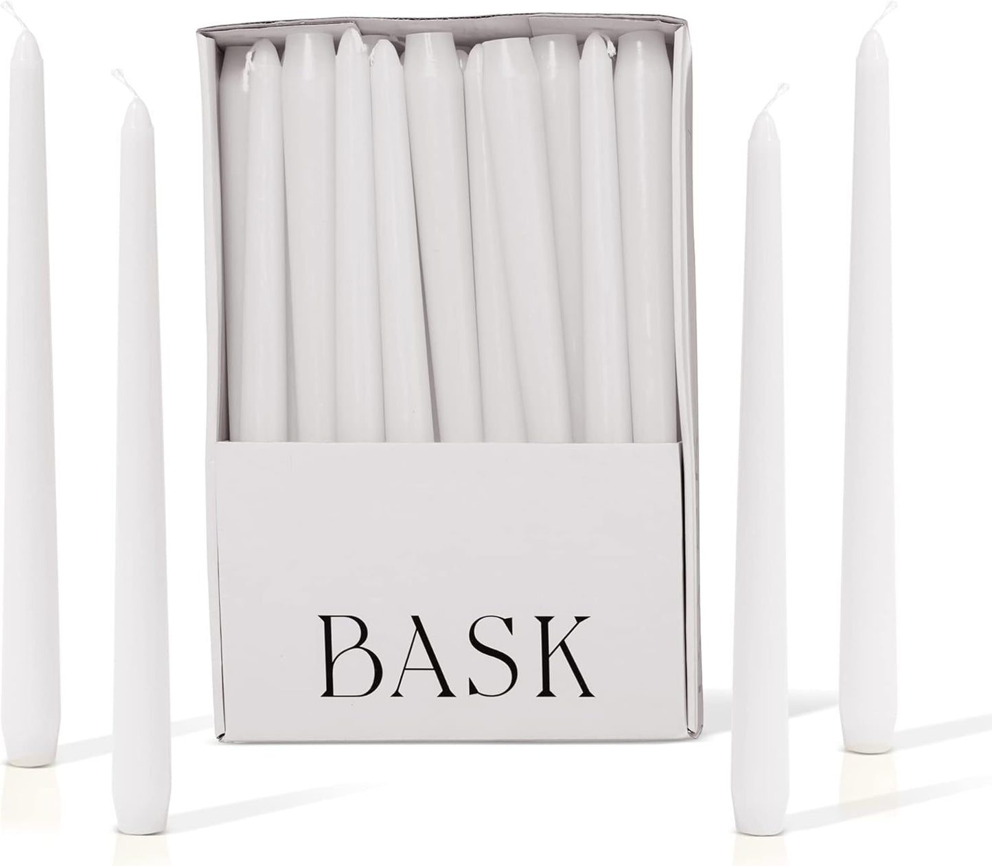 Bask 10-inch Taper Candles - Unscented and Dripless - Burns for 8 Hours - Home Decor for Dinner Table, Kitchen, and Bedroom - Perfect for a Romantic Date or Anniversary - 30-Pack - Ivory