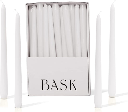 Bask 10-inch Taper Candles - Unscented and Dripless - Burns for 8 Hours - Home Decor for Dinner Table, Kitchen, and Bedroom - Perfect for a Romantic Date or Anniversary - 30-Pack - Ivory