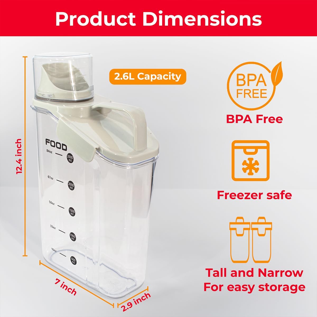 Two Pack Food & Cereal Storage Container - 2.6L Airtight Plastic Kitchen Organizer Bin with Pouring Spout, Measuring Cup Lid, Ideal for Dry Food, Rice, Sugar, Pet Food dispenser - BPA free