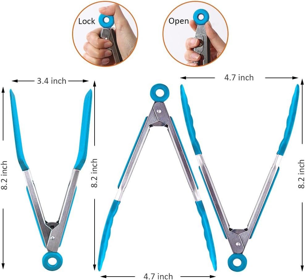 Small Serving Tongs Set of 3, Mini Tongs (7 inch) with Silicone Tips and Stainless Steel Handle, Great for Steaks, Salads, Vegetables(Blue)