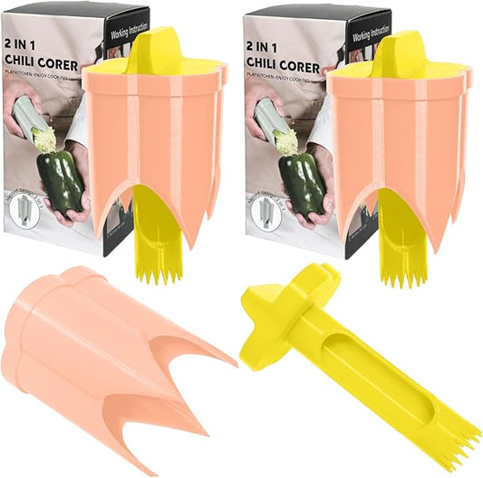 Pepper Corer, 2 in 1 Red Bell Pepper Seed Corer Remover Tool, Fruit & Vegetable Corers Quick Cave Tools for Jalapeno Cutter Deseeder, Yellow Orange, 2 PCS