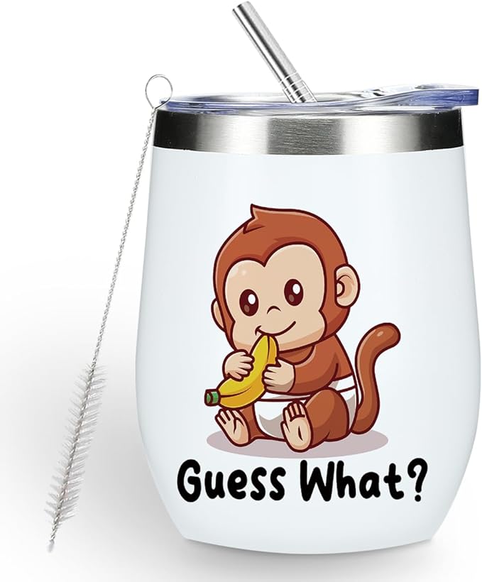 VICBOU Cute Funny 12 oz Tumbler, Wine Tumbler Insulated Wine Glass with Lid, Monkey Gifts for Girls Boys Women Men Animal Lovers Monkey Supplies Accessories Friendship Appreciation Christmas Birthday