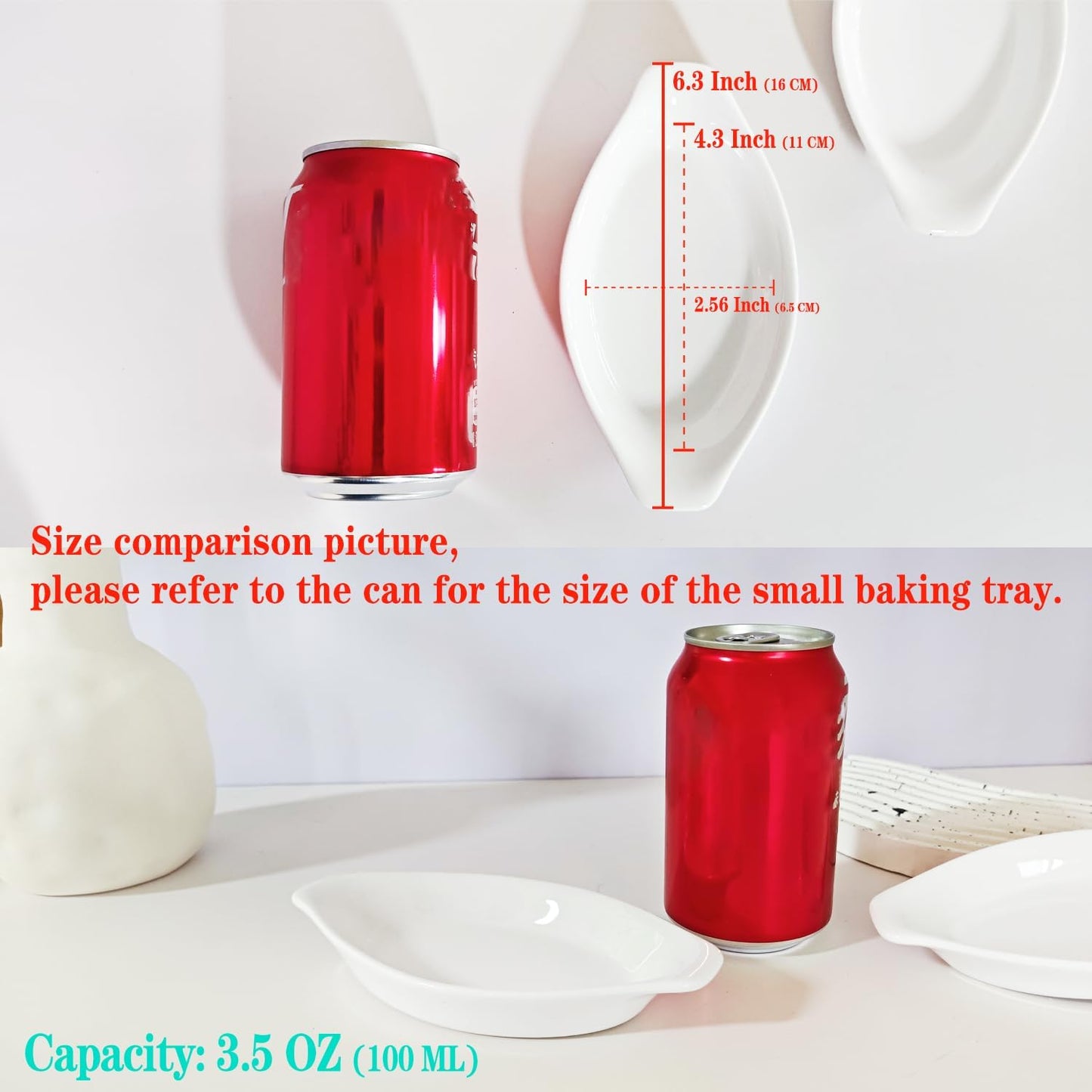 4" x 3"Ceramic Mini Oval Au Gratin Baking Dishes 3.5 oz, Set of 4 Banana Split Bowls,Oven and Microwave Safe, for 1 person servings, Bakeware with Handle(6.5 IN) for Kitchen and Home