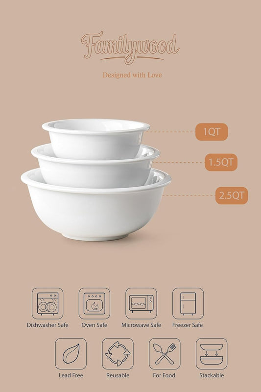 3-Piece Poecelain Mixing Bowls Set For Prepping, Serving, Gift,Baking and Cooking, Preheated Oven, Microwave, and Freezer, Dishwasher Safe (Pure White)
