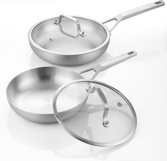 Tri-Ply Stainless Steel Pan Set, 10" & 12" Frying Pans with Lids, 2 Piece Set, Fully Bonded, Oven & Dishwasher Safe, Compatible with All Cooktops Up to 550F