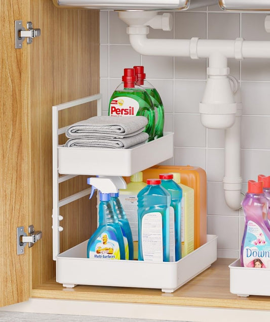 EVERIE Metal Pull Out Slide Shelf Organizer for Framed or Frameless Under Sink CabinetsOrganization in Kitchen, Bathroom, Counter, Cabinets (White, 1 Set)