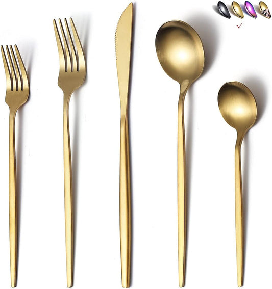 Matte Gold Silverware Set 20 Pieces, Stainless Steel Golden Flatware Set, Titanium Plating Cutlery Set, Matte Gold Utensil Sets, Service Set for 4 (Matte Golden)