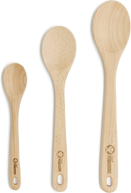 Chef Pomodoro Wooden Spoons for Cooking 3-Piece Set, Solid Beechwood Cooking Utensils | 12-Inch, 10.5-Inch, 8-Inch Wooden Utensils Set, Beechwood Kitchen Utensils, Soup Spoons for Nonstick Cookwares