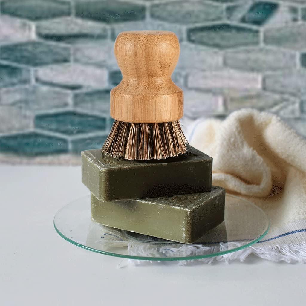 Bamboo Dish Brush with Ceramic Dish, Natural Bristle Palm Brush Pot Scrubber for Cast Iron Pans Vegetables and Kitchen Sink Cleaning - 2 Pack