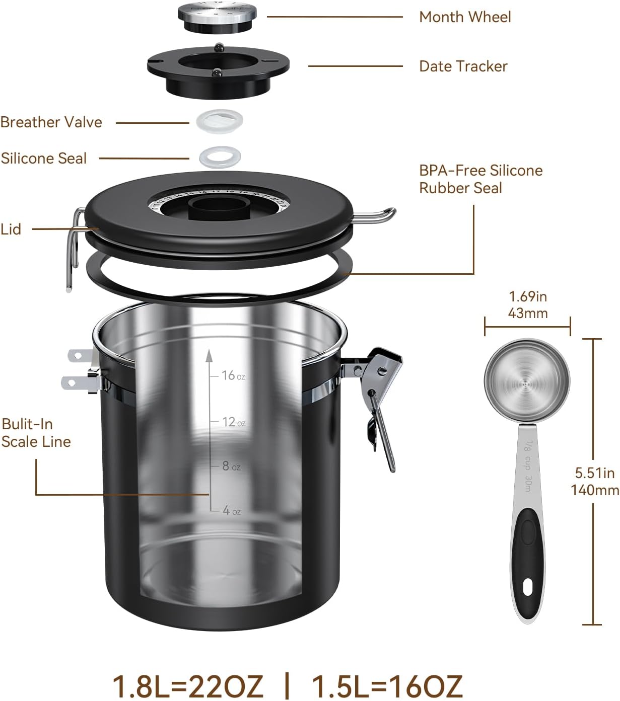 Coffee Canister With Window,16oz Stainless Steel Airtight Coffee Bean Storage Grounds Container with Date Tracker and Scoop,Grounds Kitchen Food Canister Jar for Beans,Tea,Sugar,Flour,Cereal