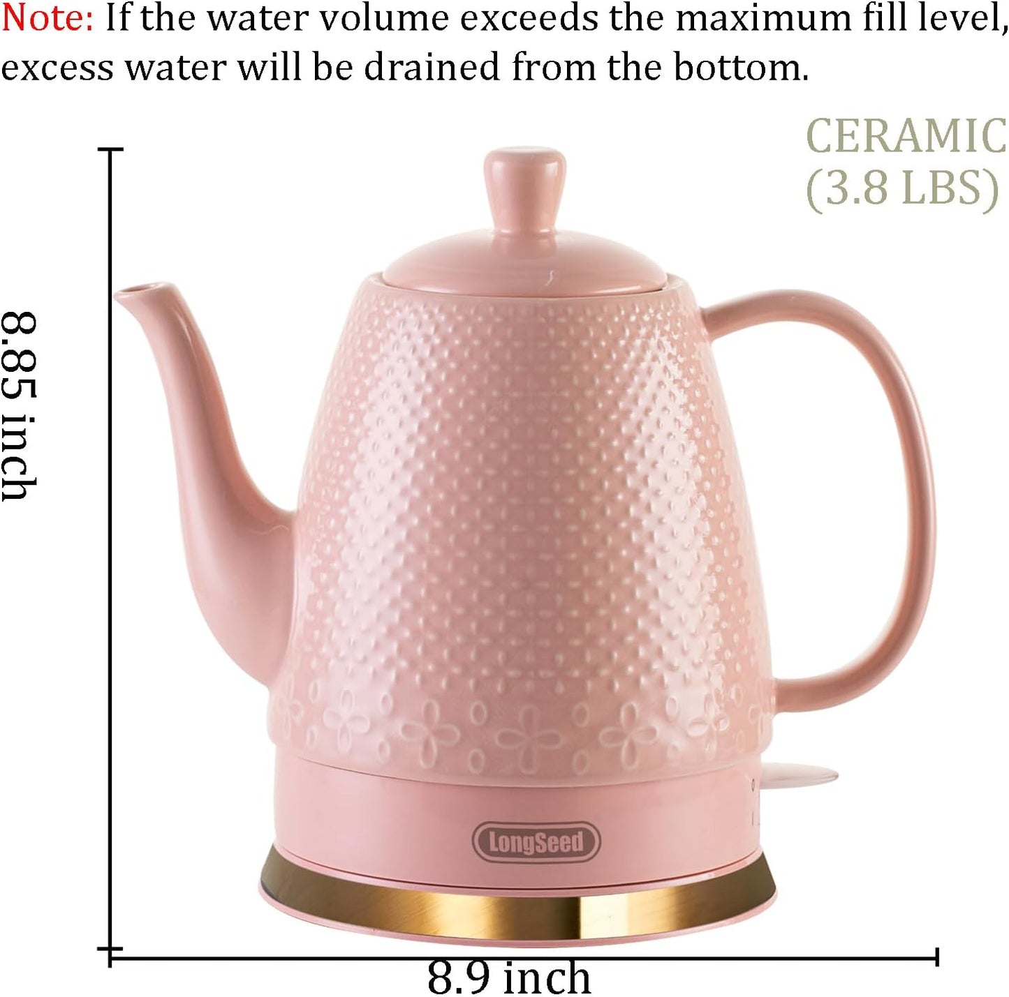1.2 Liters Ceramic Electric Kettle Pot, Boil Water Quickly and Easily with Boil-Dry Protection, Auto Shut Off, Detachable Swivel Base, Graceful Gooseneck Teapot 1000W, Pink