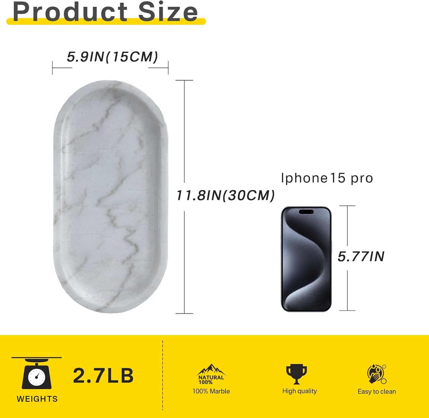 Natural Marble Tray, Stone Vanity Tray for Bathroom & Kitchen Countertop - Organizer for Perfume, Jewelry, Cosmetics 12x6 Inch,White