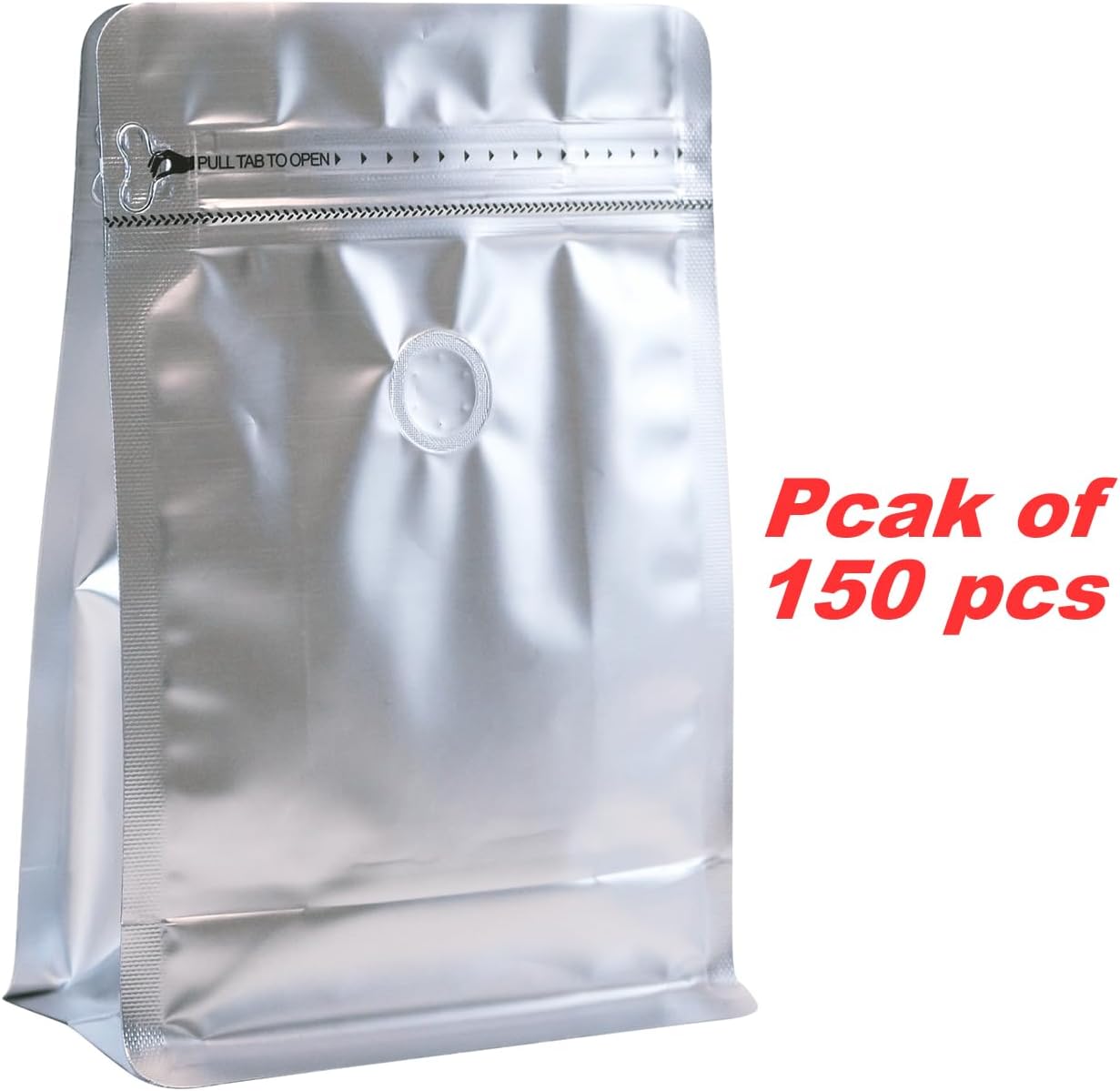 150 Pack High Barrier Stand-Up Coffee Bean Bags with Vented Valve, Matte Metallic, Heat-Sealable and Resealable Solid Color Pouches for Food Storage (6 * 12.8 inch,2 lb,32 oz,Silver)