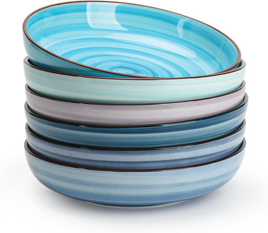 KitchenTour Large Pasta Bowls 34 oz, Ceramic Salad Serving Bowls Set of 6, 8.6 Inch Wide and Shallow for Soup- Dishwasher and Microwave Safe, Assorted Cool Colors