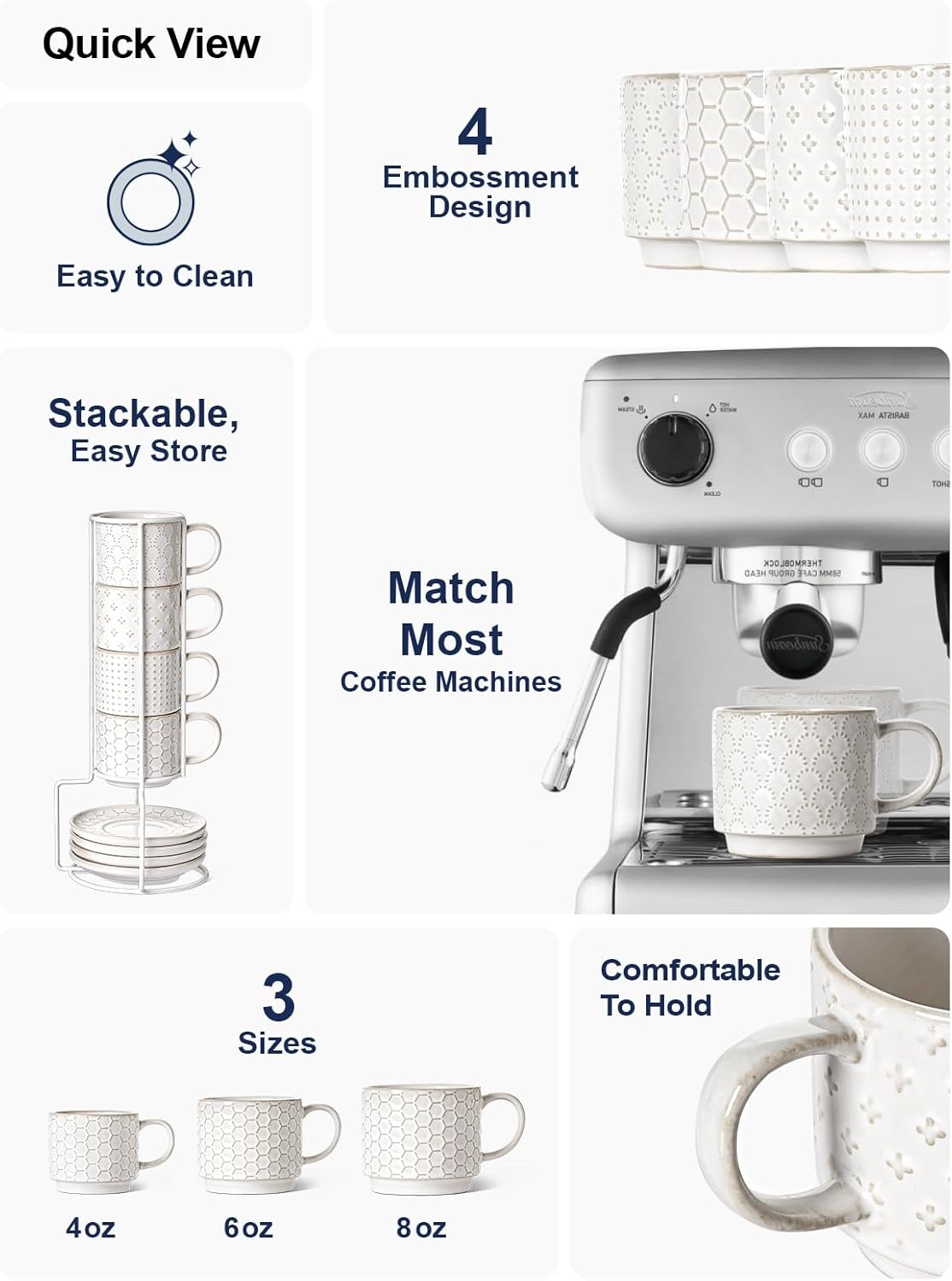 LE TAUCI Stackable Espresso Cups 4 oz with Saucers and Stand, Ceramic Embossment Coffee Cup for Double shot, Lungo, Ristretto, Dishwasher Oven Safe - Set of 4, Arctic white