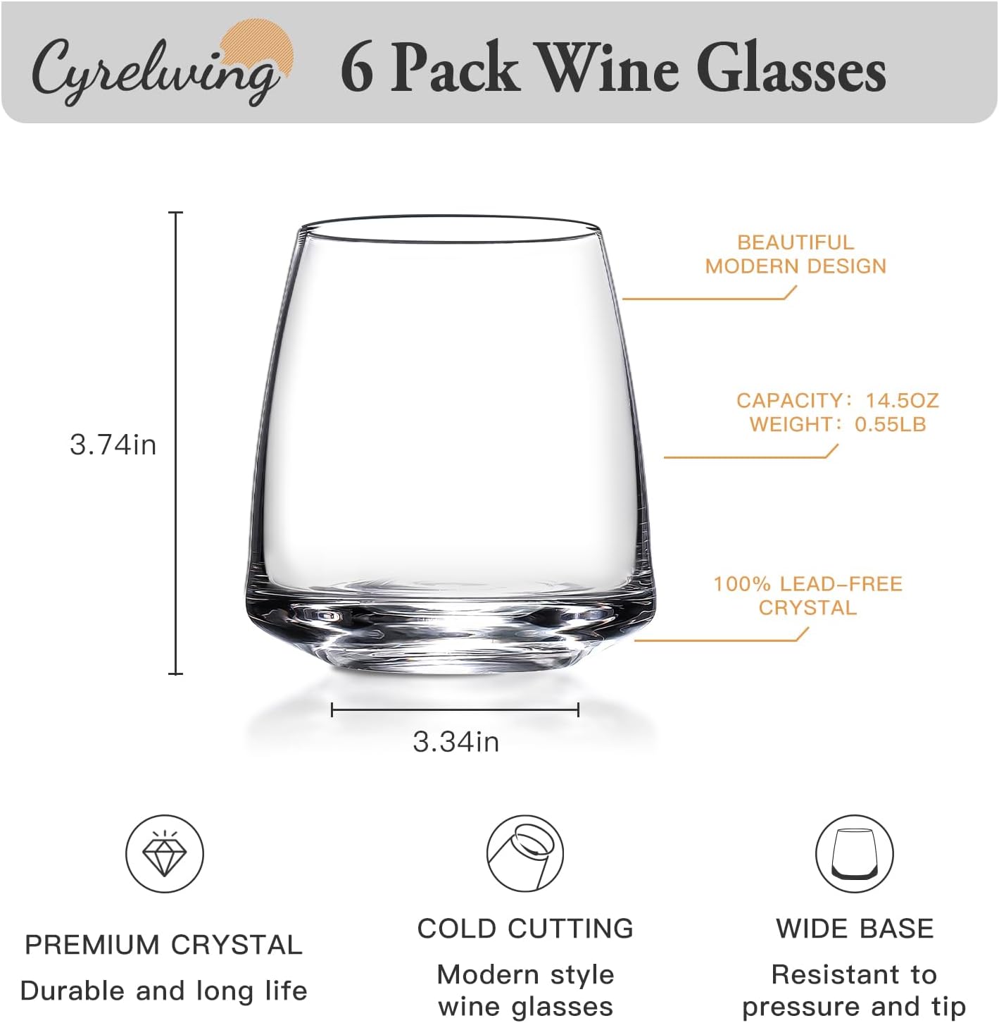 Stemless Wine Glasses Set of 6-14.5oz Hand Blown Heavy Red White Wine Glasses Unique gifts for him/her wedding, birthday, Mother's/father's day, anniversary