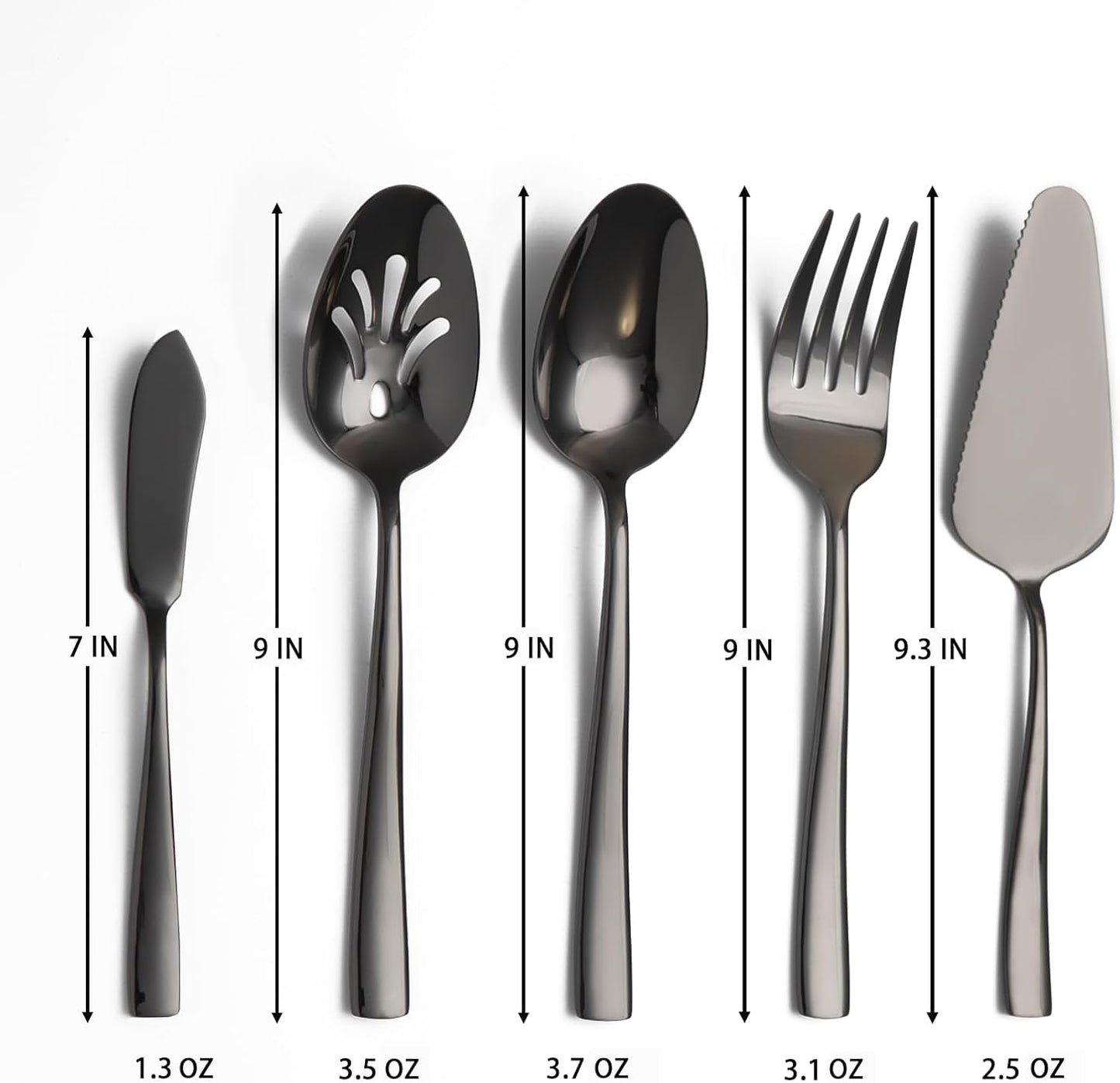 Large Hostess Serving Utensils Set, Stainless Steel Heavy Duty Serving spoons, Slotted Spoons, Serving Fork, Cake Server, Butter Knife, Dishwasher Safe (Black)