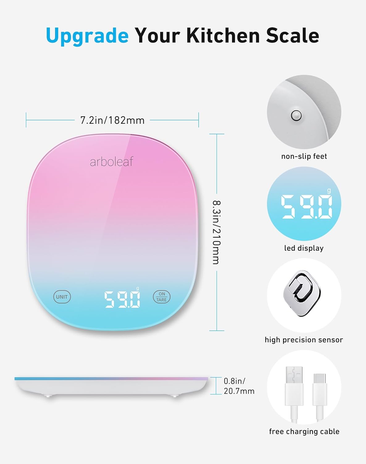 arboleaf Food Scale Rechargeable, Food Scales Digital Weight Grams and oz, Kitchen Scales Digital Weight, Smart Baking Measuring Food Scales for Kitchen Gift, Weight Loss, 0.1oz/0.5g, 22lbs/10kg