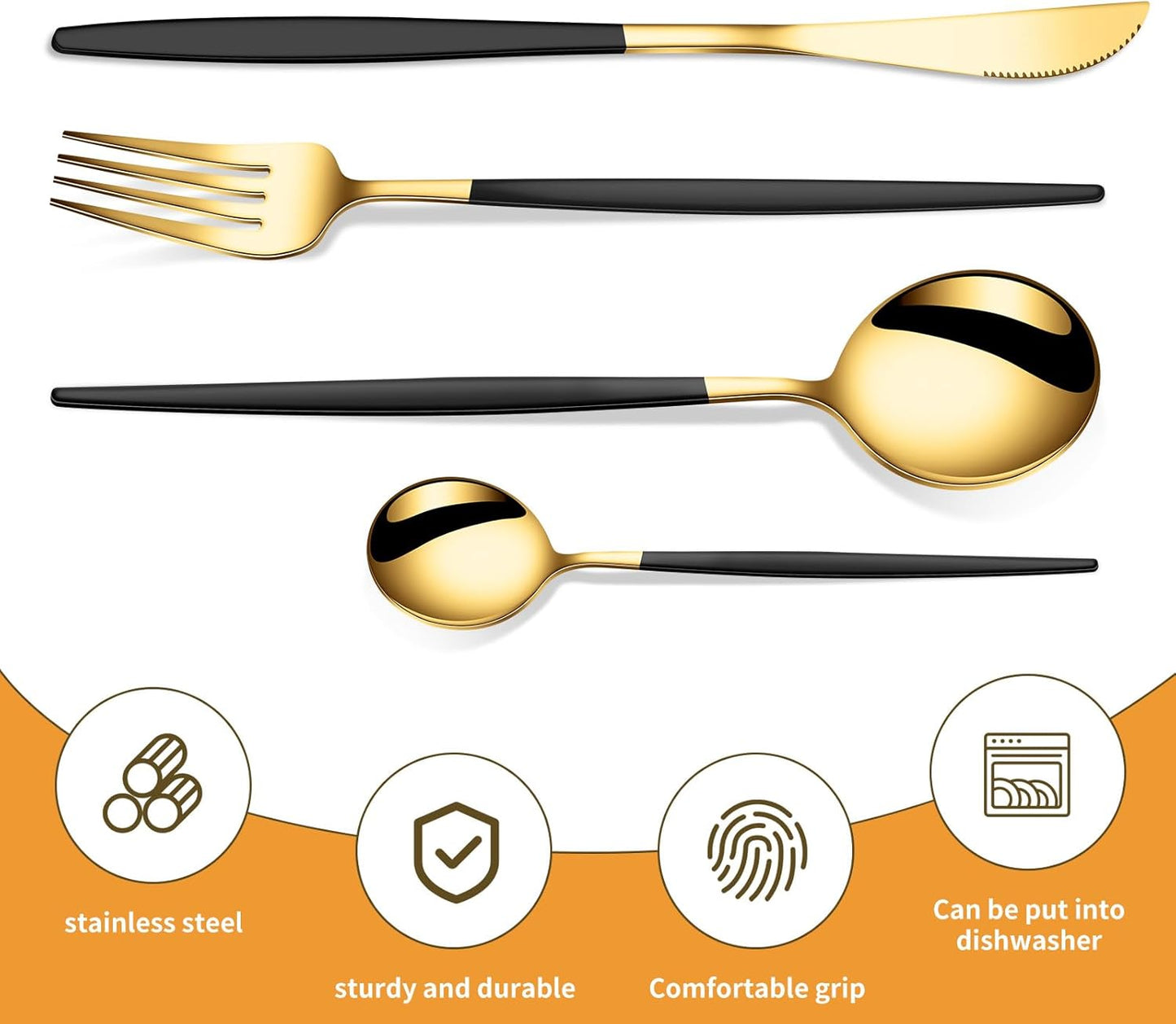 24 PCS Gold Silverware Set, Food-Grade Stainless Steel Flatware Set for 6, Cutlery Set Tableware with Black Handle, Steak Knives Forks and Spoons, Utensil Sets for Home Restaurant Hotel