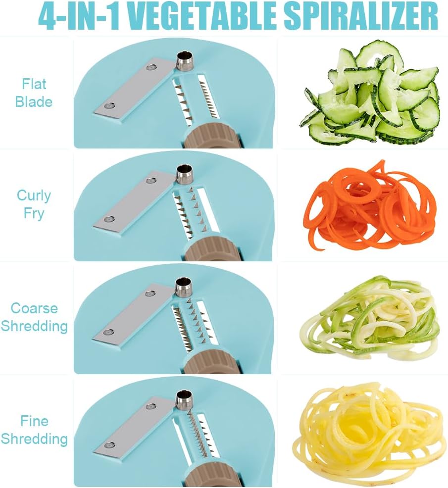 Vegetable Spiralizer 4-IN-1 Rotating Blade Veggie Spiralizer Zucchini Noodle Maker with Strong Suction Cup Spiral Vegetable Cutter Slicer - Blue