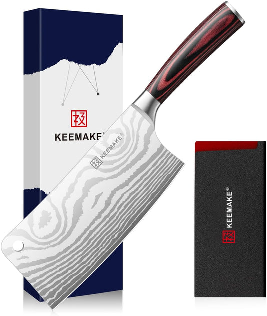 KEEMAKE Meat Cleaver Knife 7-Inch Razor Sharp High Carbon Steel Kitchen Knife, Butcher Knife Perfect for Chopping Meat & Veggies, Pakkawood Handle Ideal for Home & Professional Chefs, W/Sheath