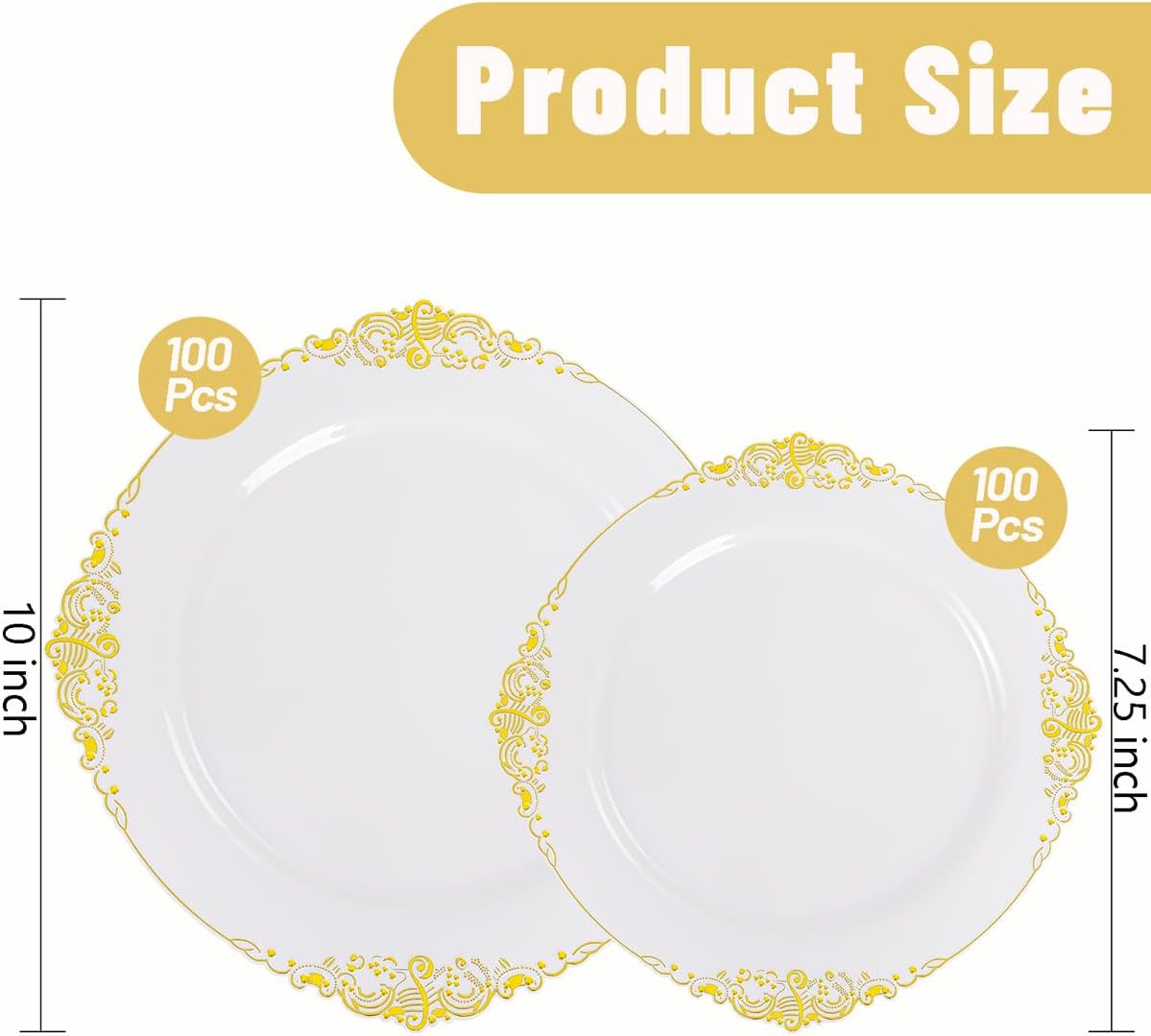 200PCS White and Gold Plates - Gold Plastic Plates - Fancy Disposable Plate - Gorgeous Christmas Dinner & Dessert Plate for 100 Guests for Wedding & Thanksgiving Party