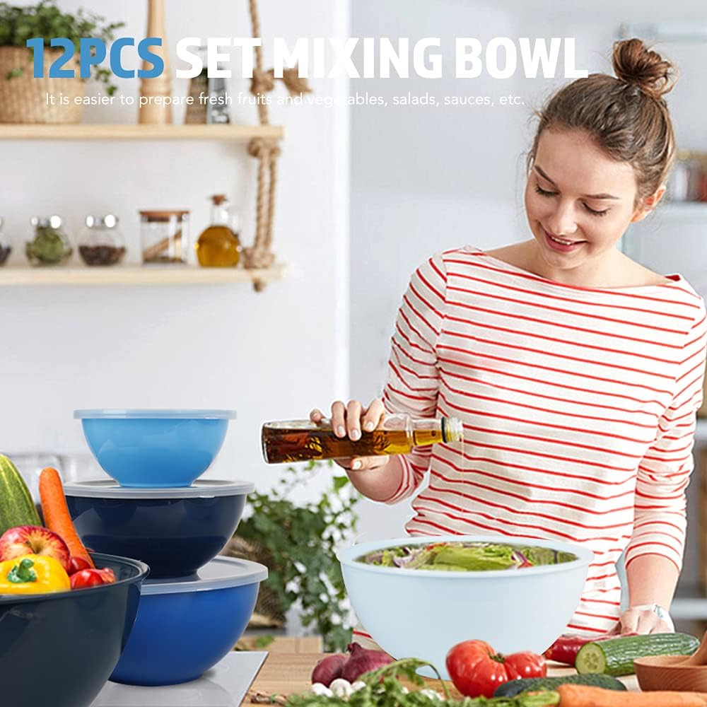 BoxedHome BPA Free Plastic Round Mixing Bowl with Lids, 12 Pack Nesting Bowls with Lids Set, Microwave and Dishwasher Safe Prep & Serving Bowls Great for Mixing, Baking, Serving (Blue, 12pcs)