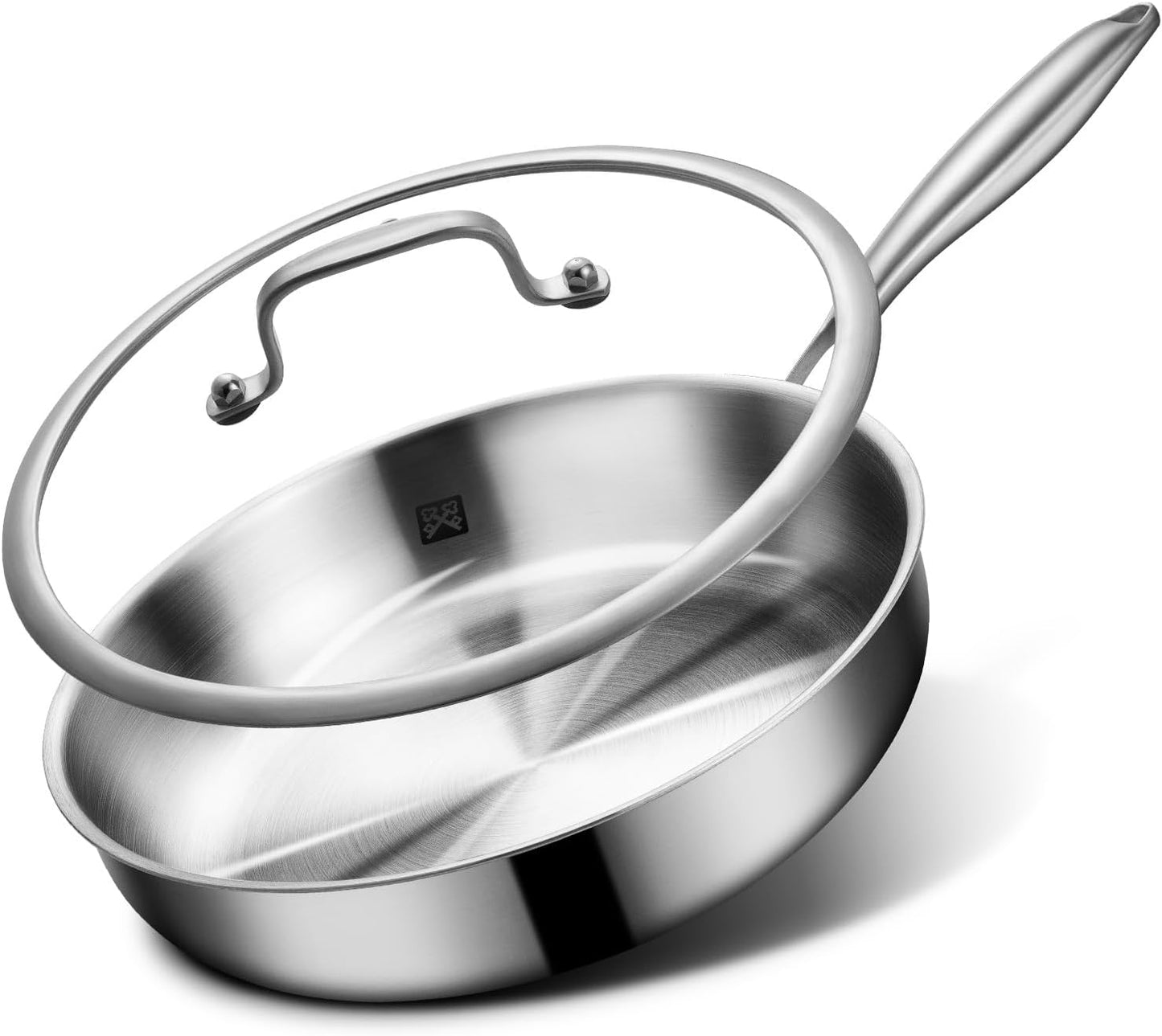 GOLDEN KEY 12 Inch Tri-Ply Stainless Steel Frying Pan, Stainless Steel Pans with Lid,Stainless Steel Skillet Induction All Cooktops, PFOA/PTFE Free Skillet,Health&Safety,Heavy Duty&Fast & Even Heat