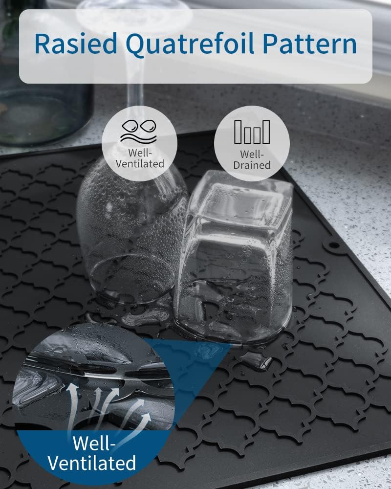 AMOAMI Dish Drying Mat,Heat-resistant,Easy Clean,Silicone Dish Drying Mats for kitchen Counter,Kitchen Gadgets Kitchen Accessories Kitchen Appliances (16" x 24", BLACK)