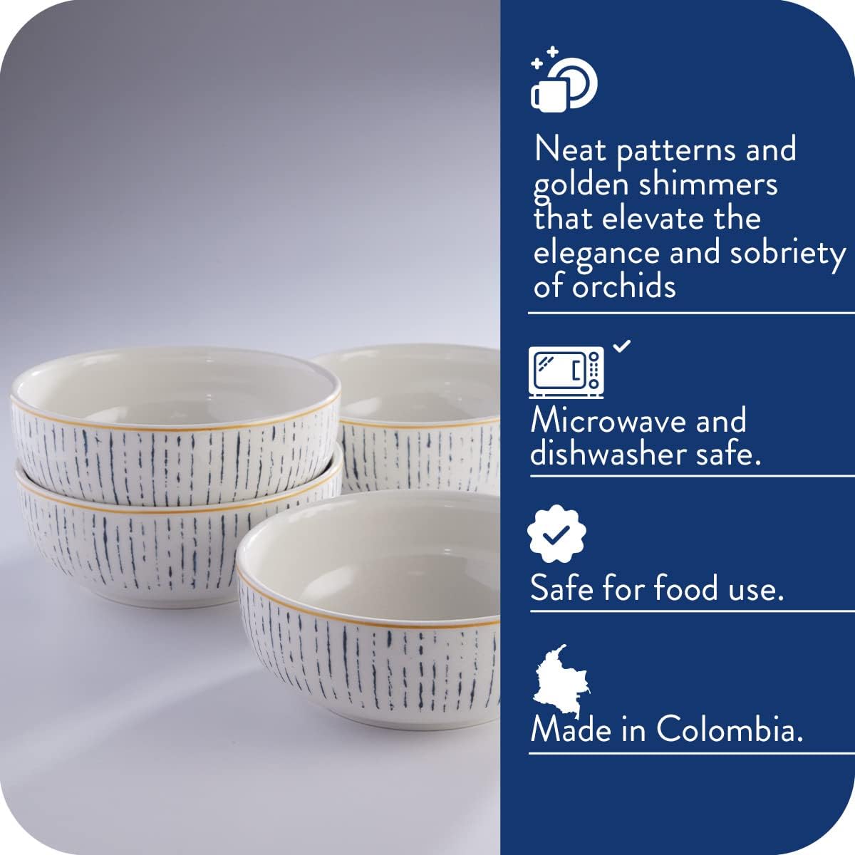 Corona 4 dinnerware Bowls Set | Cattleya 21oz | Service for 4 | Ceramic | Floral design | Set 4 Bowls | Cerámica